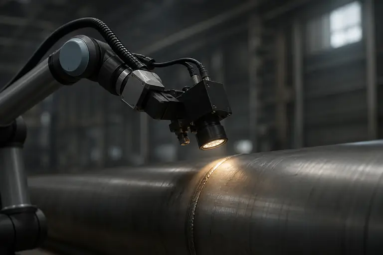A robotic arm with a small camera and light head inspecting a weld seam on a steel pipe in a factory.
