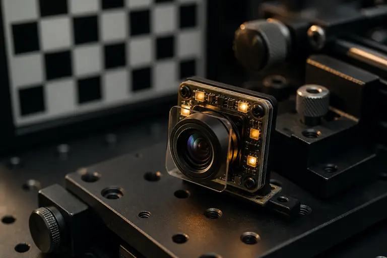 A compact camera module with a glass lens, a thin filter and a ring of small amber lights, mounted on an optics bench in front of a calibration target.